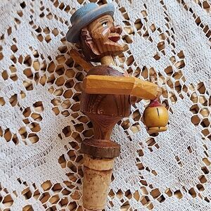 Vintage ANRI Carved Wood Wine Bottle Stopper Made In Italy